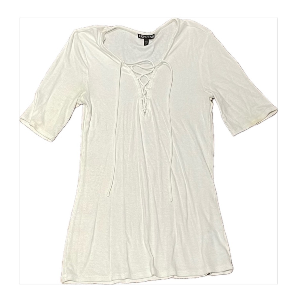 NEW EXPRESS white ribbed fitted t shirt with tie up criss cross short sleeve